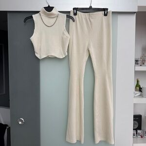 MDV - Cream Ribbed Knit Sleeveless Top and Flare Pants Set